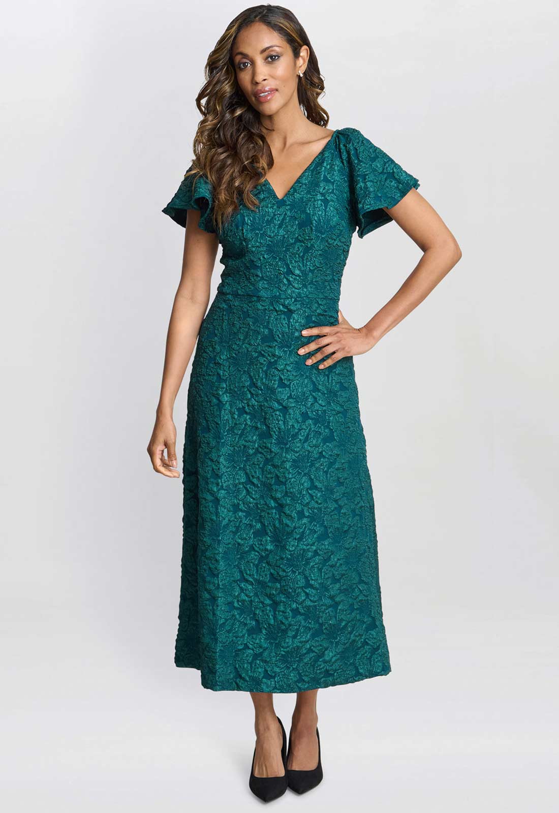 Gina Bacconi Forest Green Claudina Midi A-Line Jacquard Dress