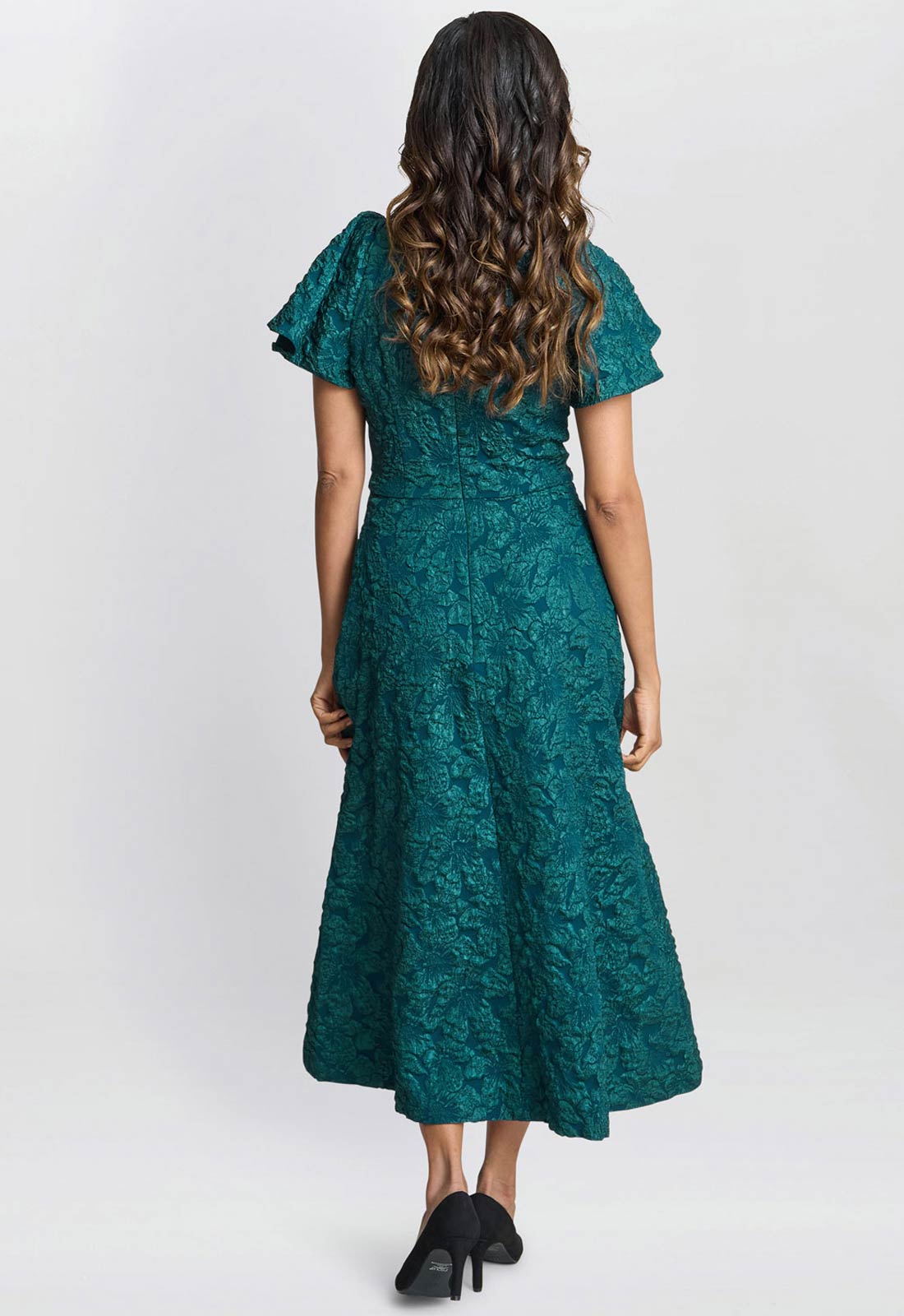 Gina Bacconi Forest Green Claudina Midi A-Line Jacquard Dress