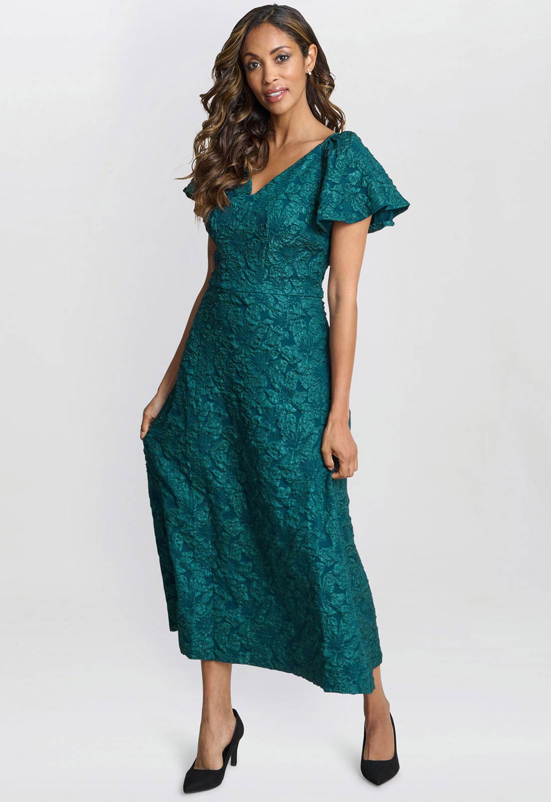 Gina Bacconi Forest Green Claudina Midi A-Line Jacquard Dress