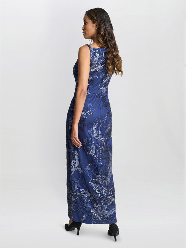 Gina Bacconi Blue Blake Floral Sequin Ankle Length Dress