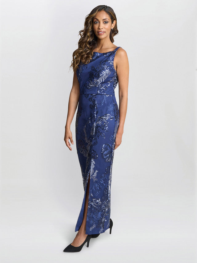 Gina Bacconi Blue Blake Floral Sequin Ankle Length Dress