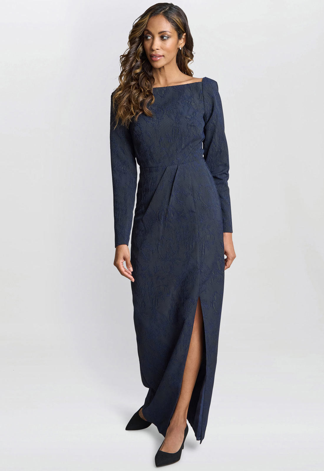 Gina Bacconi Dark Navy Amira Stretch Jacquard Maxi Dress