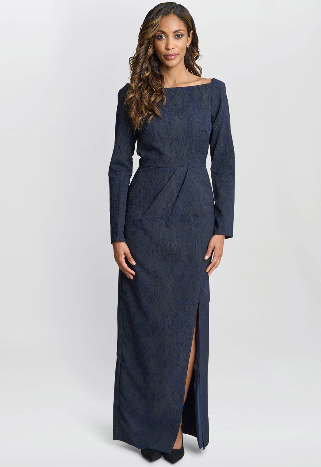 Gina Bacconi Dark Navy Amira Stretch Jacquard Maxi Dress