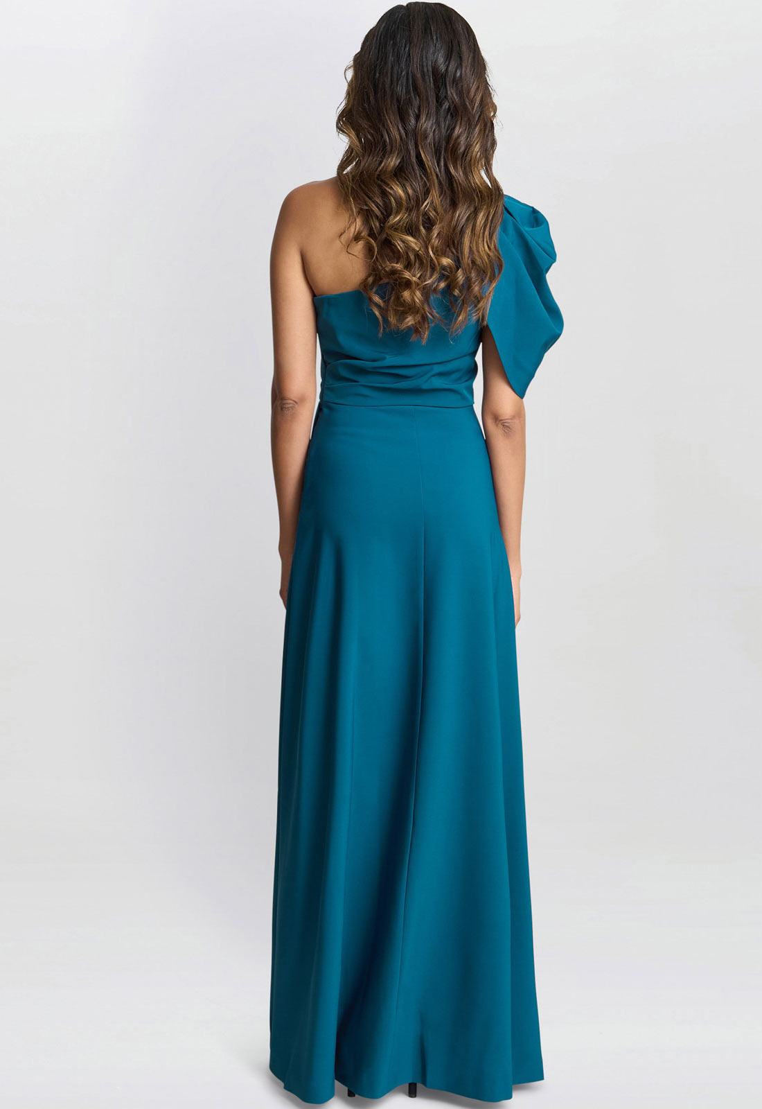 Gina Bacconi Teal Tori One Shoulder Stretch Crepe Maxi Dress