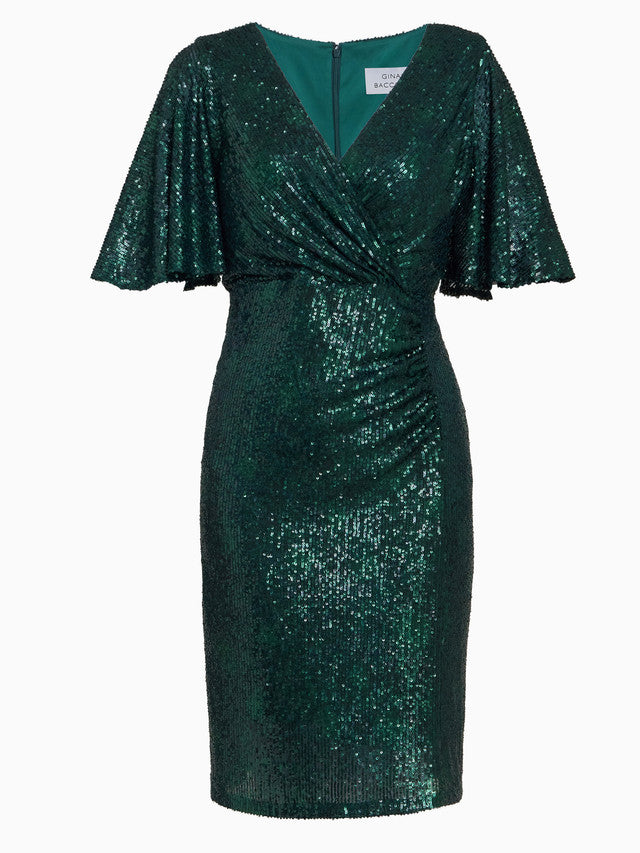 Gina Bacconi Green Jen Sequin Wrap-Look Dress