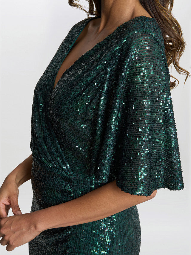 Gina Bacconi Green Jen Sequin Wrap-Look Dress