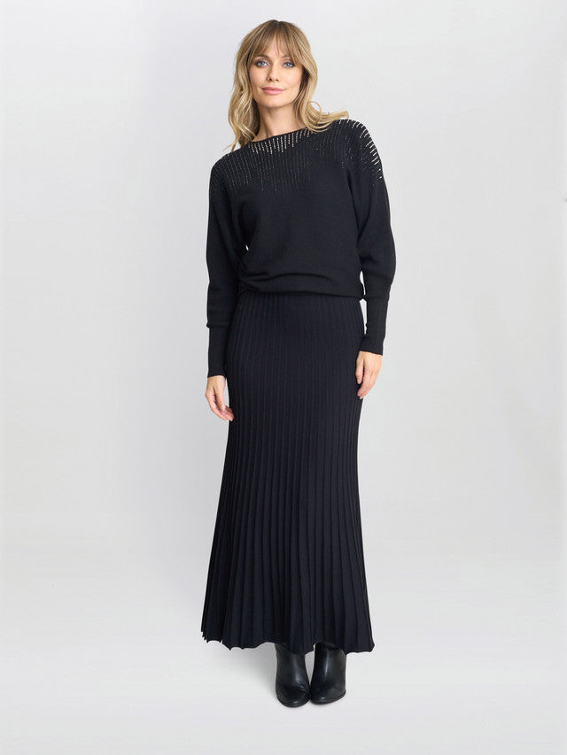 Gina Bacconi Black Celestina Long Pleated Knit Skirt