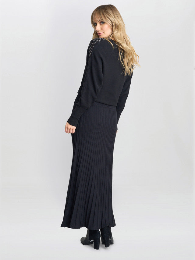 Gina Bacconi Black Celestina Long Pleated Knit Skirt