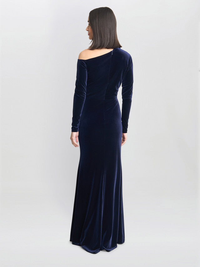 Gina Bacconi Navy Tess Velvet Off Shoulder Dress