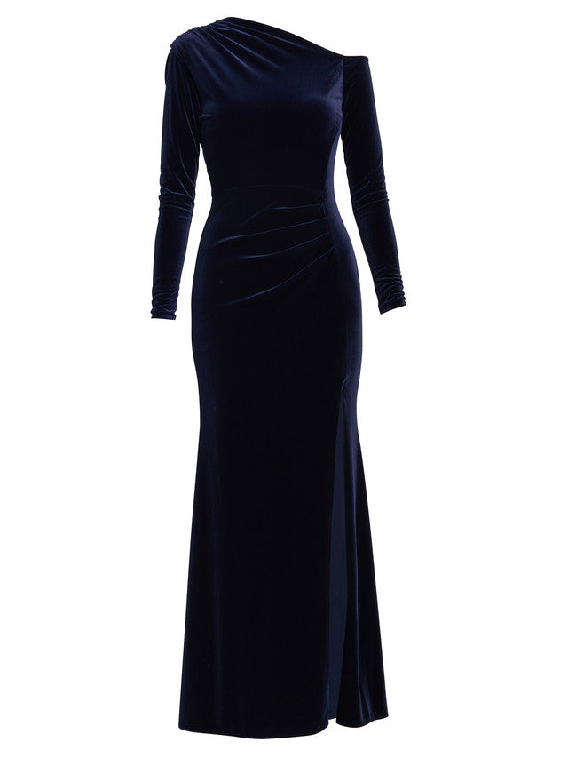 Gina Bacconi Navy Tess Velvet Off Shoulder Dress