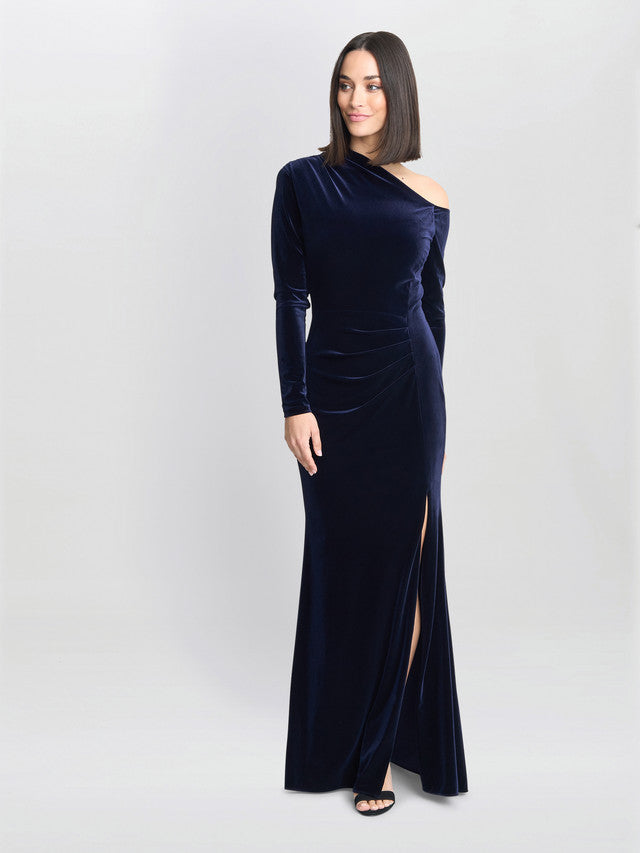 Gina Bacconi Navy Tess Velvet Off Shoulder Dress