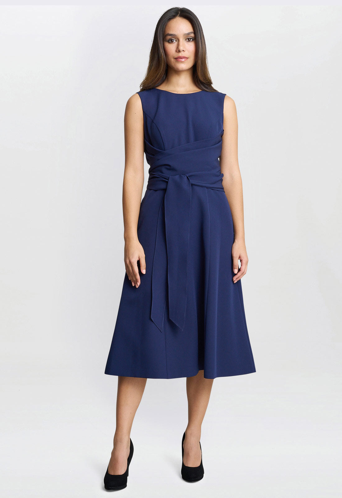 Gina Bacconi Blue Cathleen Crepe Tie-Waist Dress