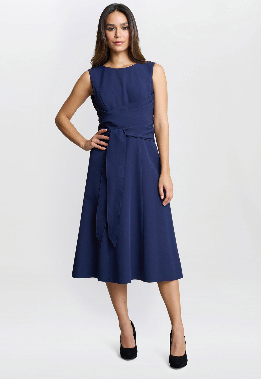 Gina Bacconi Blue Cathleen Crepe Tie-Waist Dress