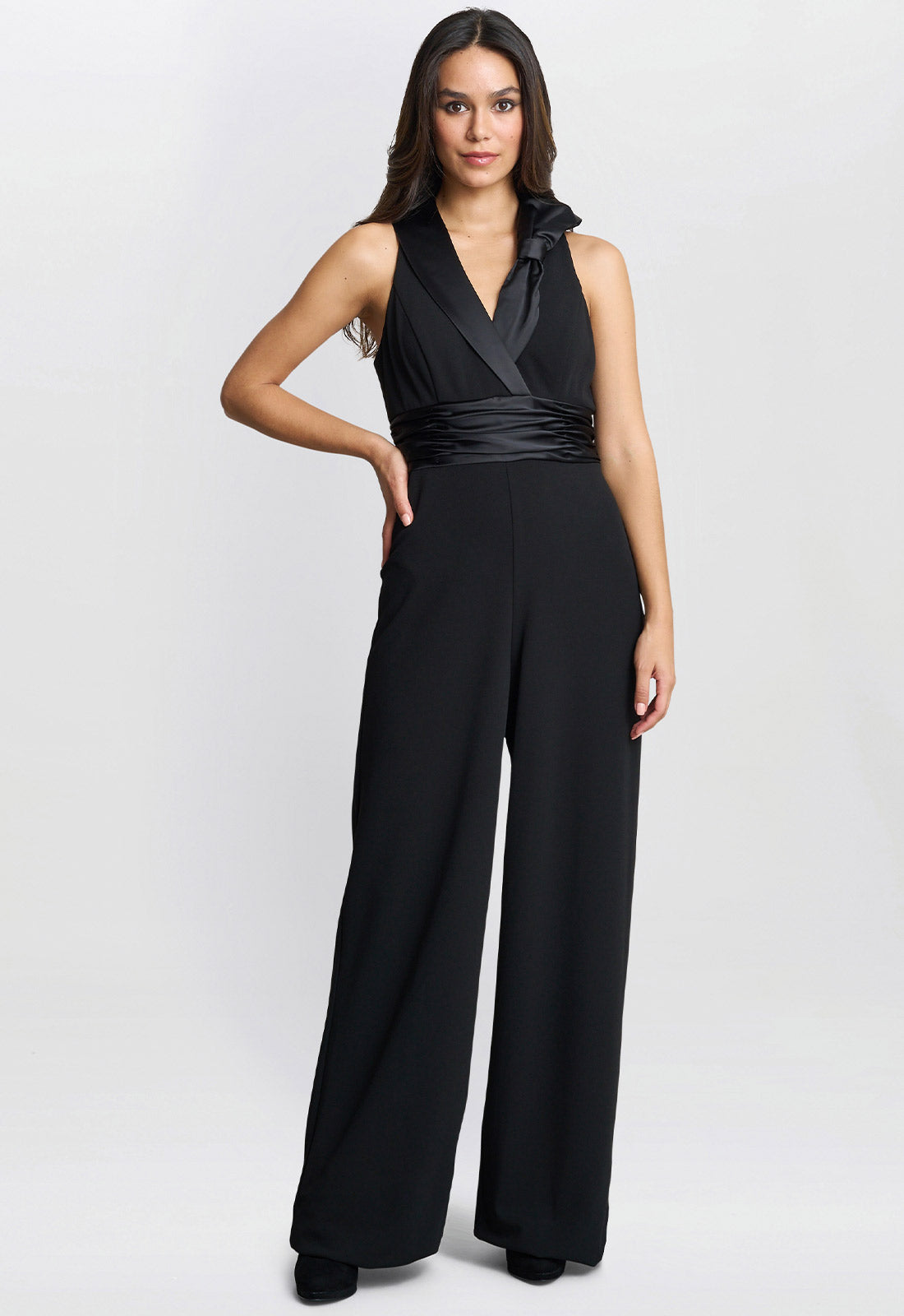 Gina Bacconi Black Melodie Crepe Jumpsuit With Satin Bow