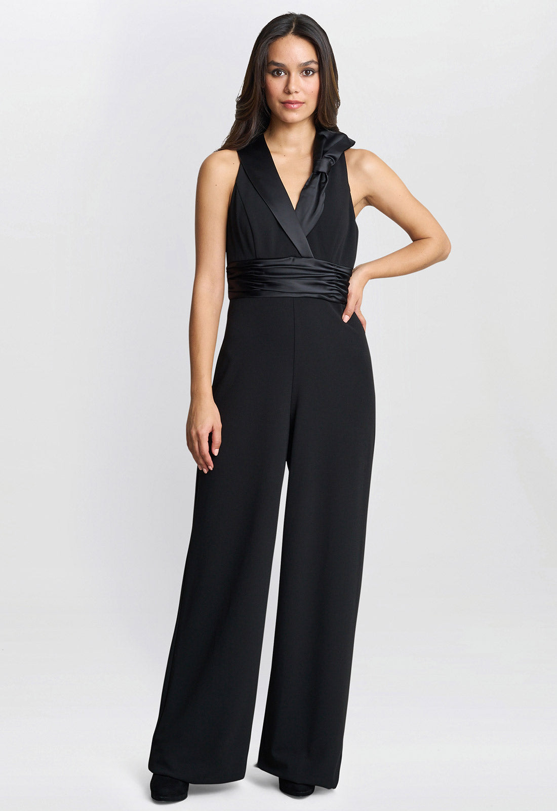 Gina Bacconi Black Melodie Crepe Jumpsuit With Satin Bow