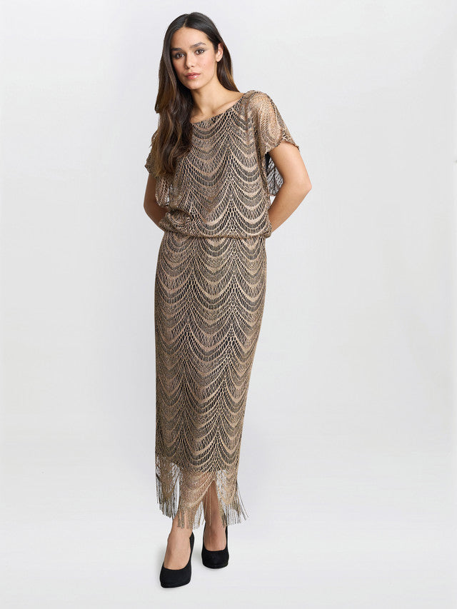 Gina Bacconi Bronze Arleen Long Blouson Fringe Hem Dress