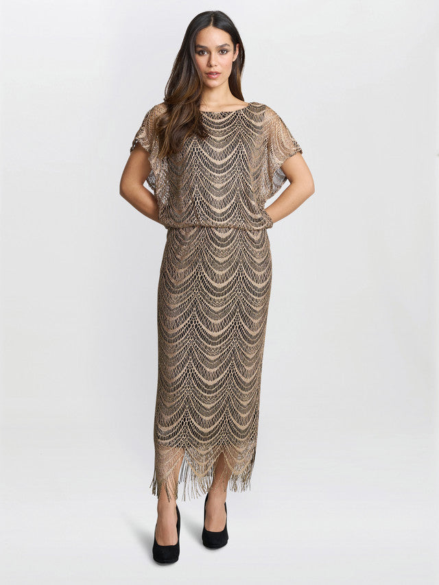 Gina Bacconi Bronze Arleen Long Blouson Fringe Hem Dress