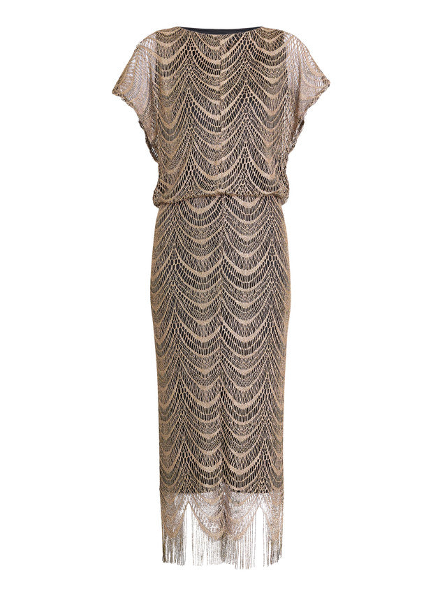 Gina Bacconi Bronze Arleen Long Blouson Fringe Hem Dress