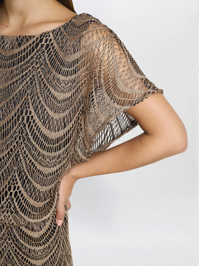 Gina Bacconi Bronze Arleen Long Blouson Fringe Hem Dress