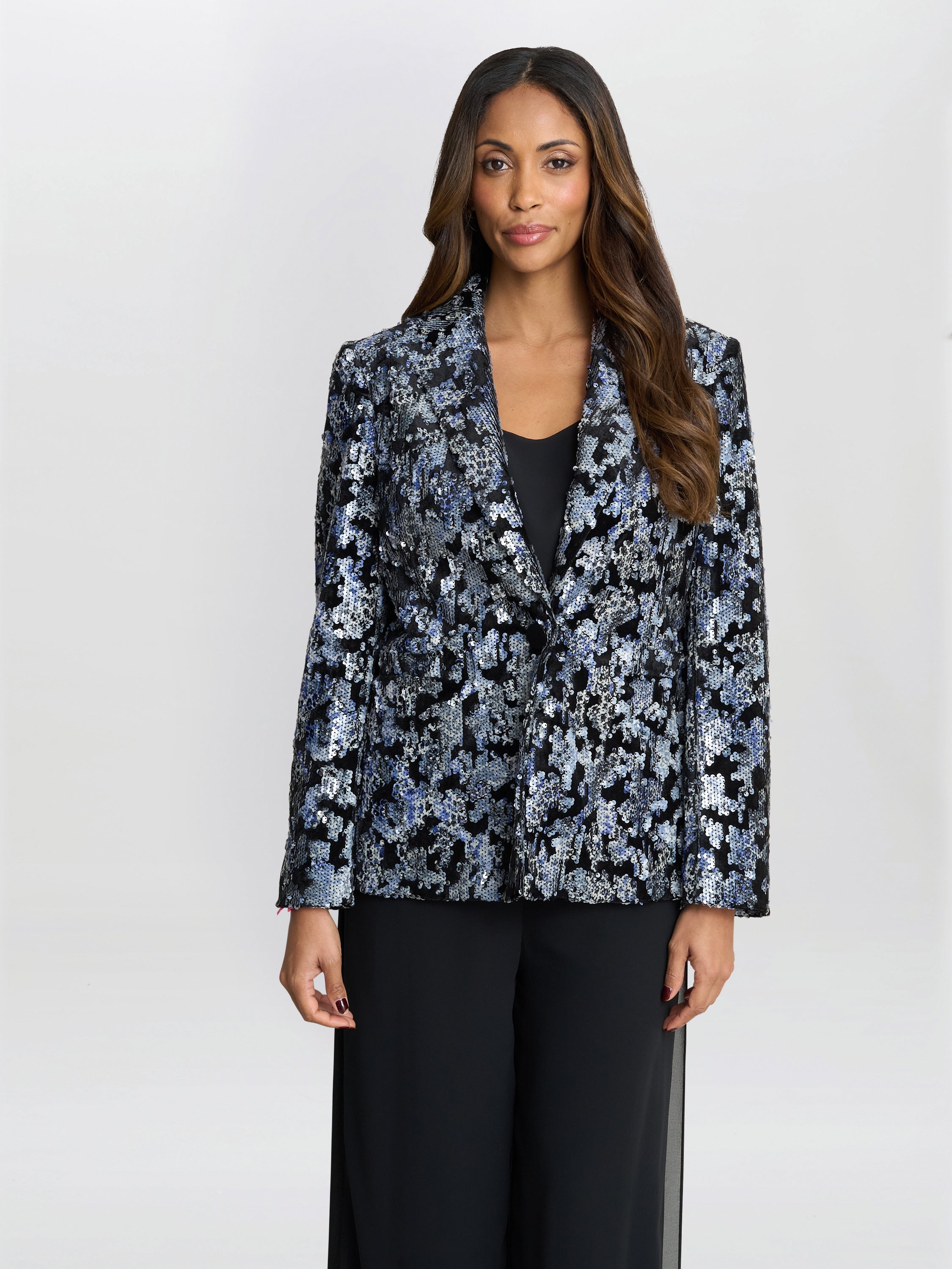 Gina Bacconi Silver and Blue Luna Sequin Jacket