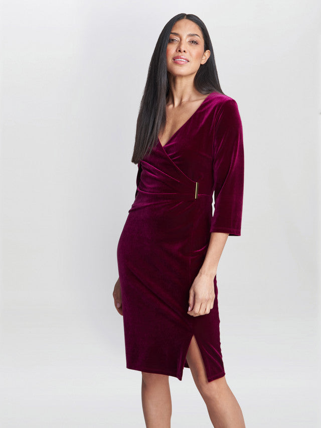 Gina Bacconi Burgundy Rachael Velvet Dress With Gold Trim