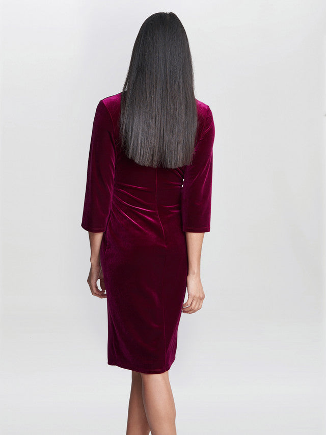 Gina Bacconi Burgundy Rachael Velvet Dress With Gold Trim