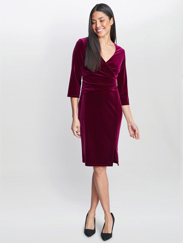 Gina Bacconi Burgundy Rachael Velvet Dress With Gold Trim