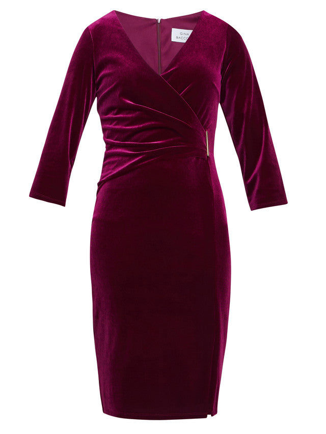 Gina Bacconi Burgundy Rachael Velvet Dress With Gold Trim