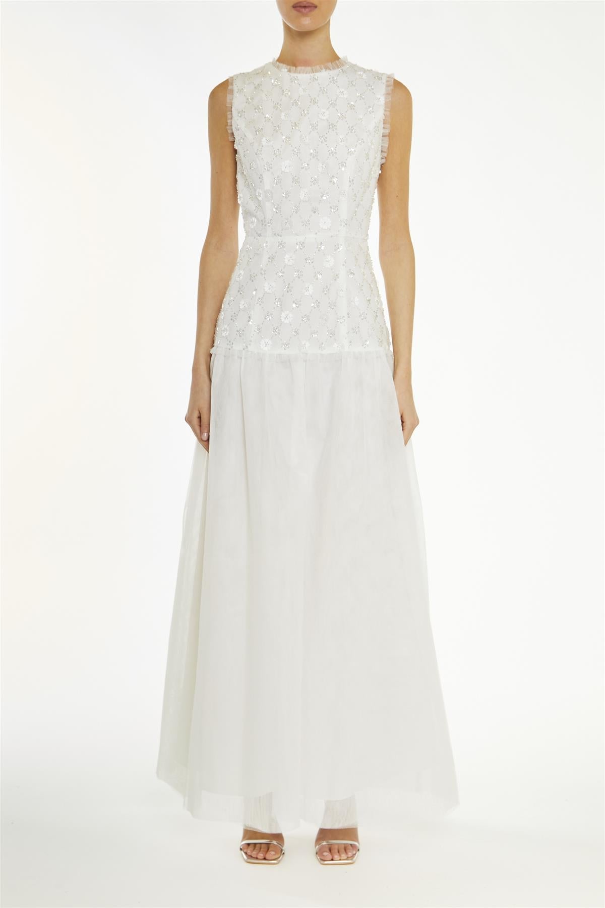 True Decadence White-Beaded Ophelia Floral Dropped-Waist Maxi-Dress