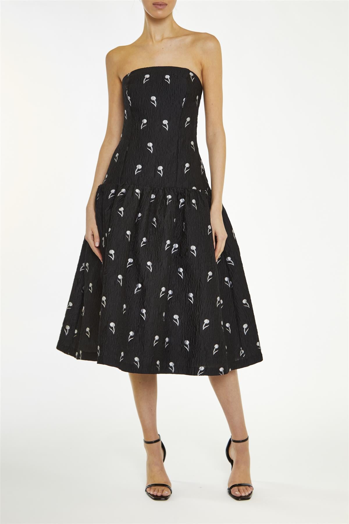 True Decadence Black-Grey Vienna Floral-Brocade Dropped-Waist Midi-Dress