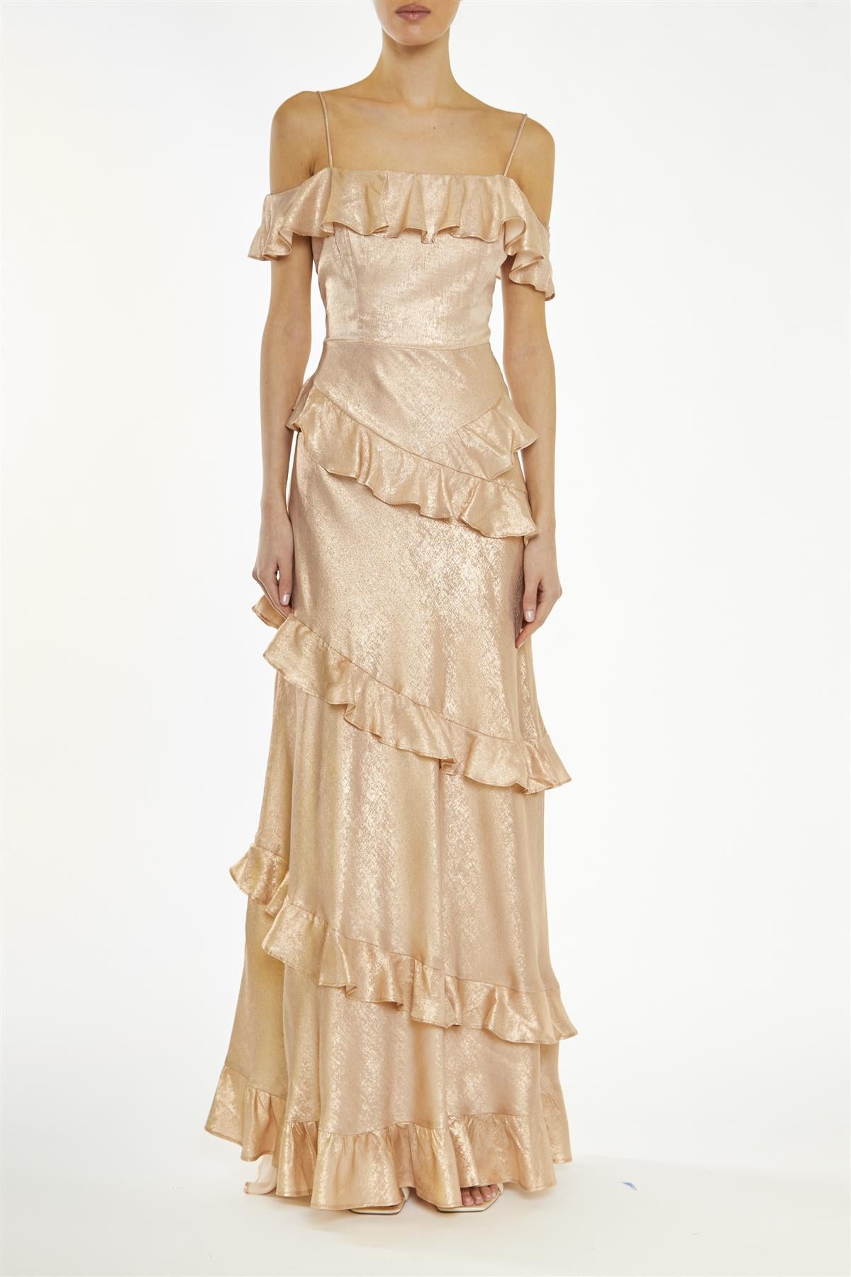 True Decadence Metallic-Copper Drew Cold-Shoulder Ruffle Maxi-Dress