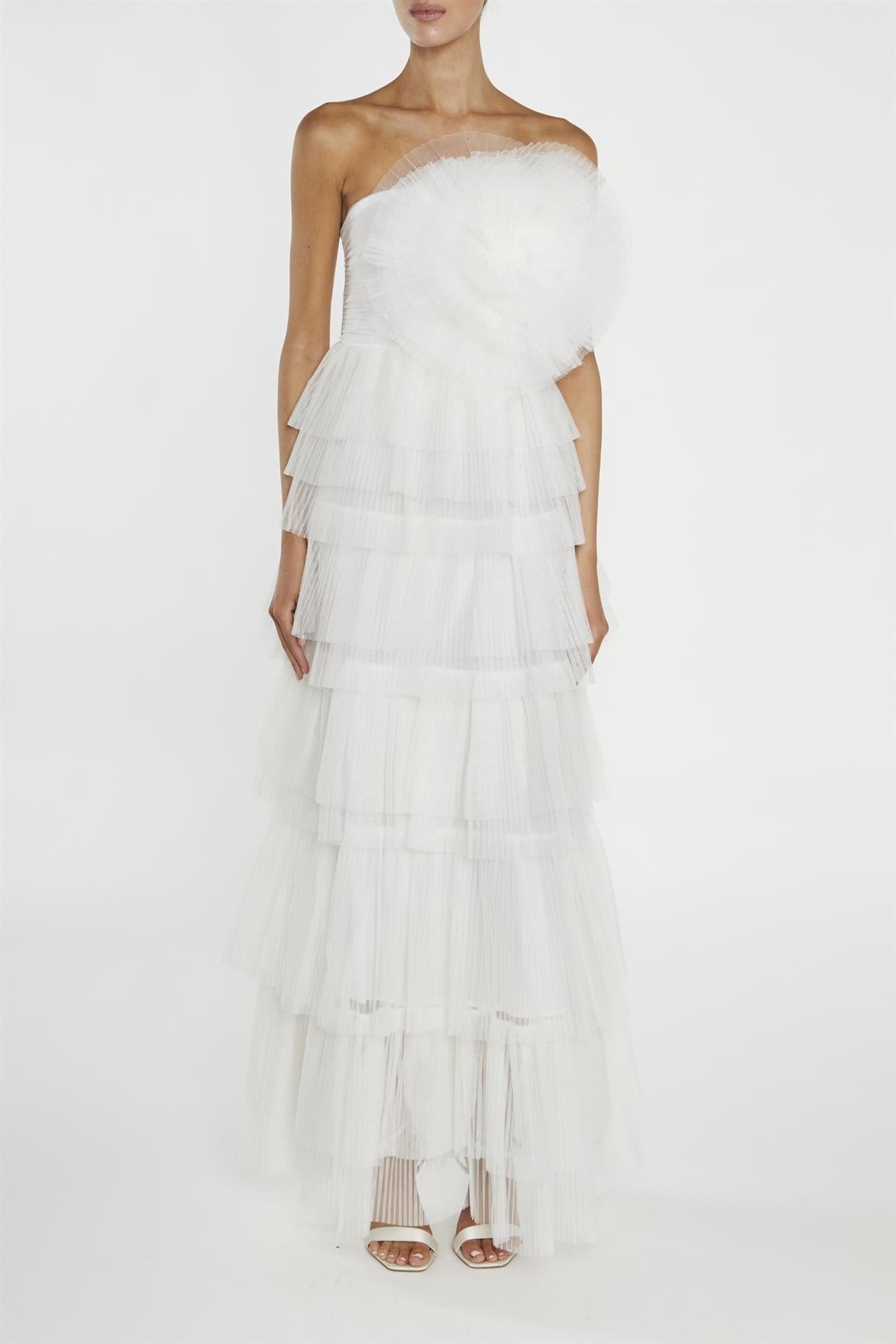 Valerie White Pleated 3D Tiered Midi-Dress-image-1