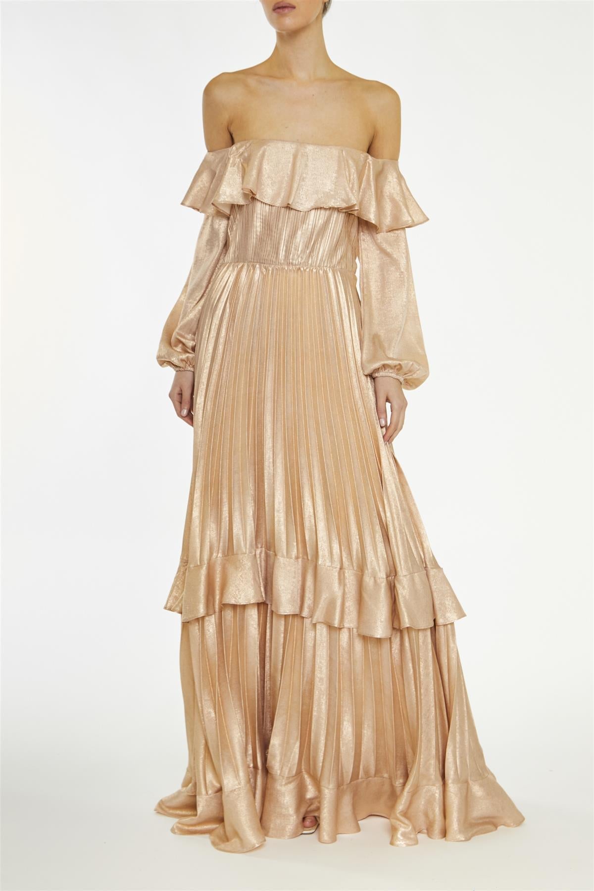 True Decadence Metallic-Copper Adrianna Pleated Bardot Maxi-Dress