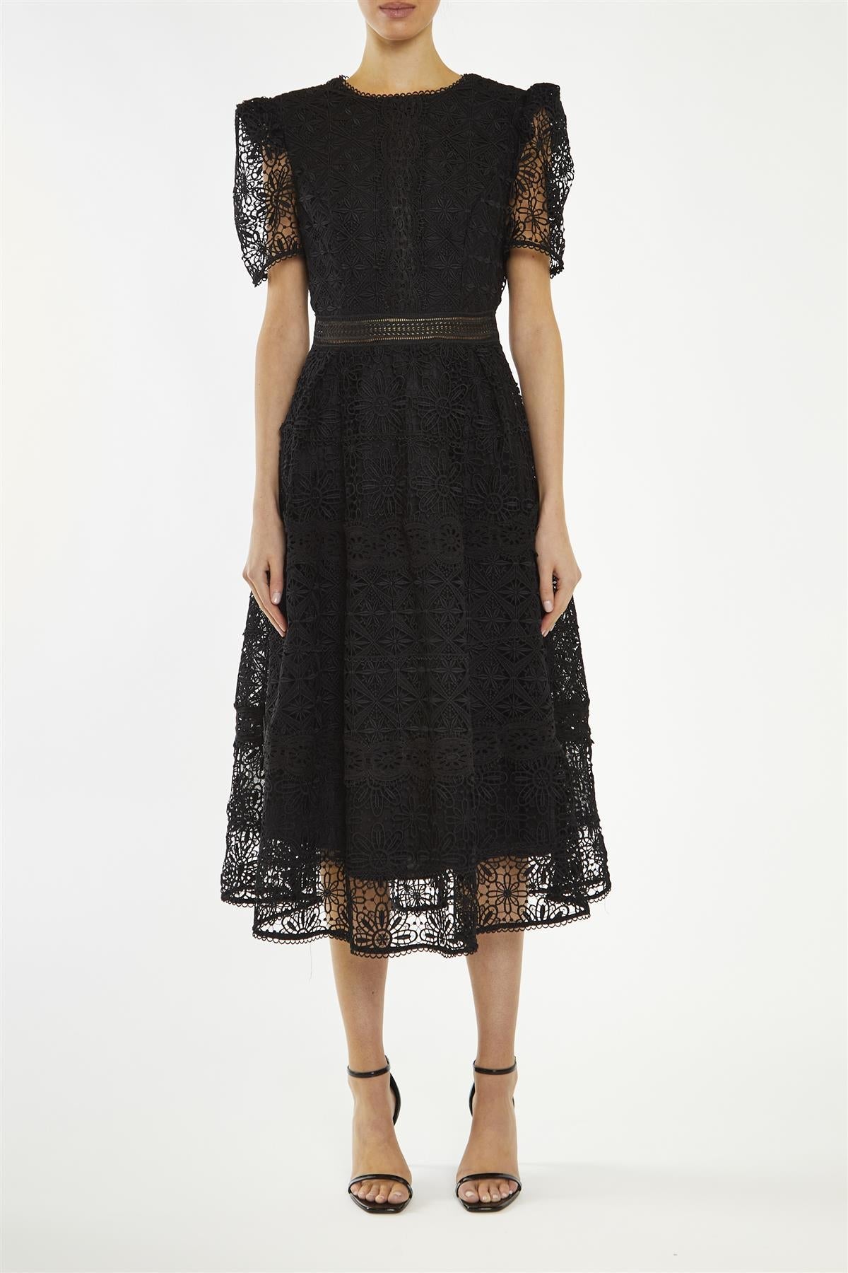 True Decadence Black Priscilla Lace-Trim Midi-Dress