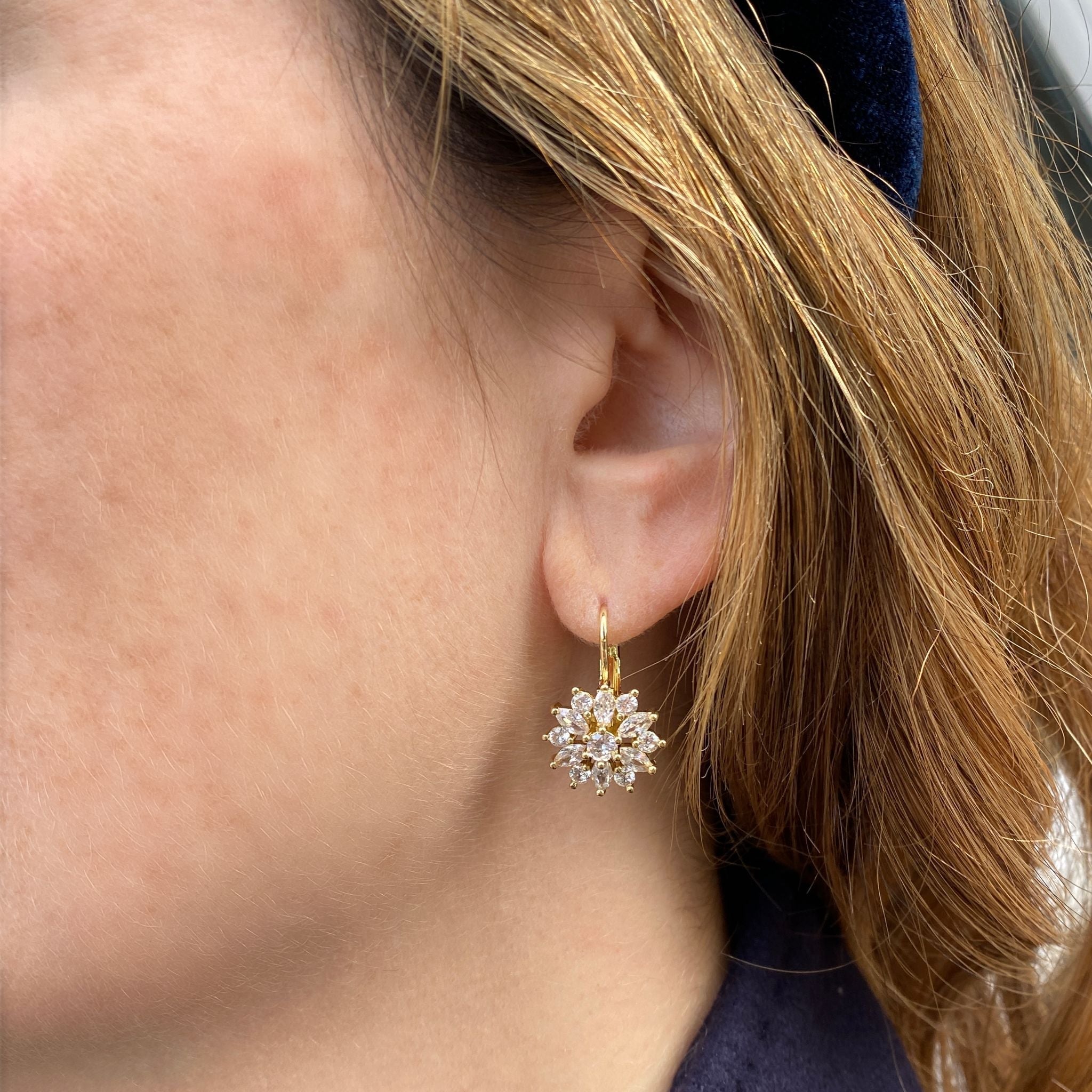 QueenMee Diamante Earrings Floral Earrings in Gold Silver or