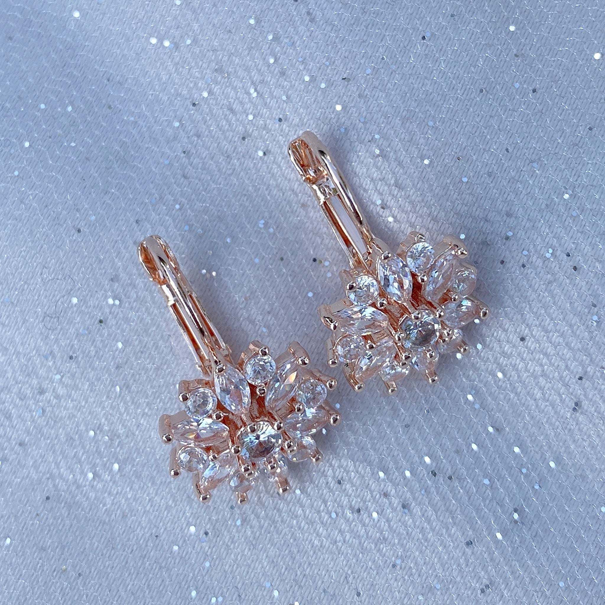 QueenMee Diamante Earrings Floral Earrings in Gold Silver or