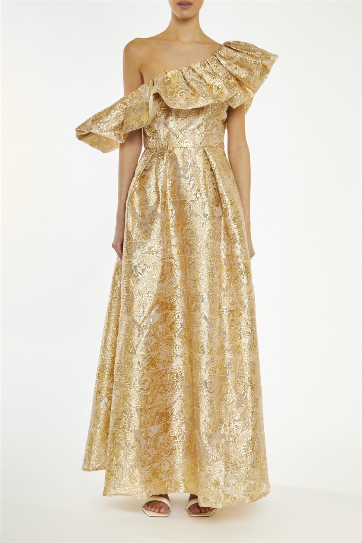 True Decadence Gold Blake Translucent-Jacquard Puff One Shoulder Maxi-Dress