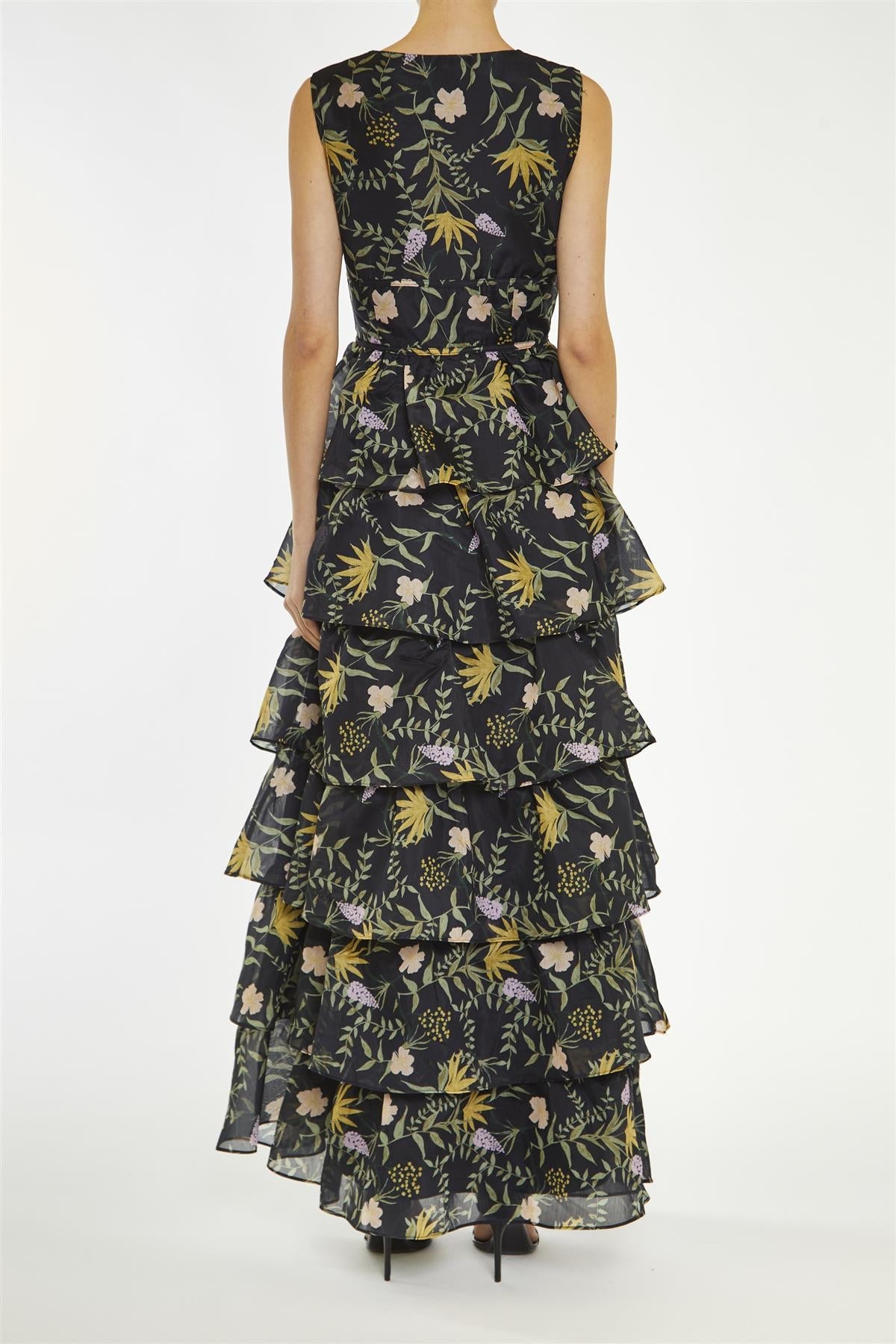 True Decadence Black-Stem Genevieve Nature-Floral Tiered Maxi-Dress