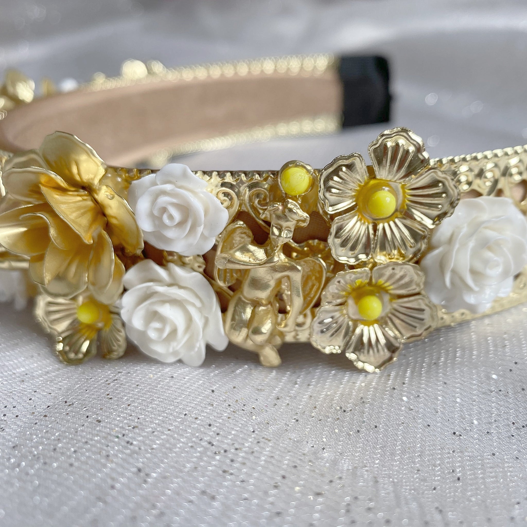 QueenMee Gold Headpiece with Flowers and Cherubs