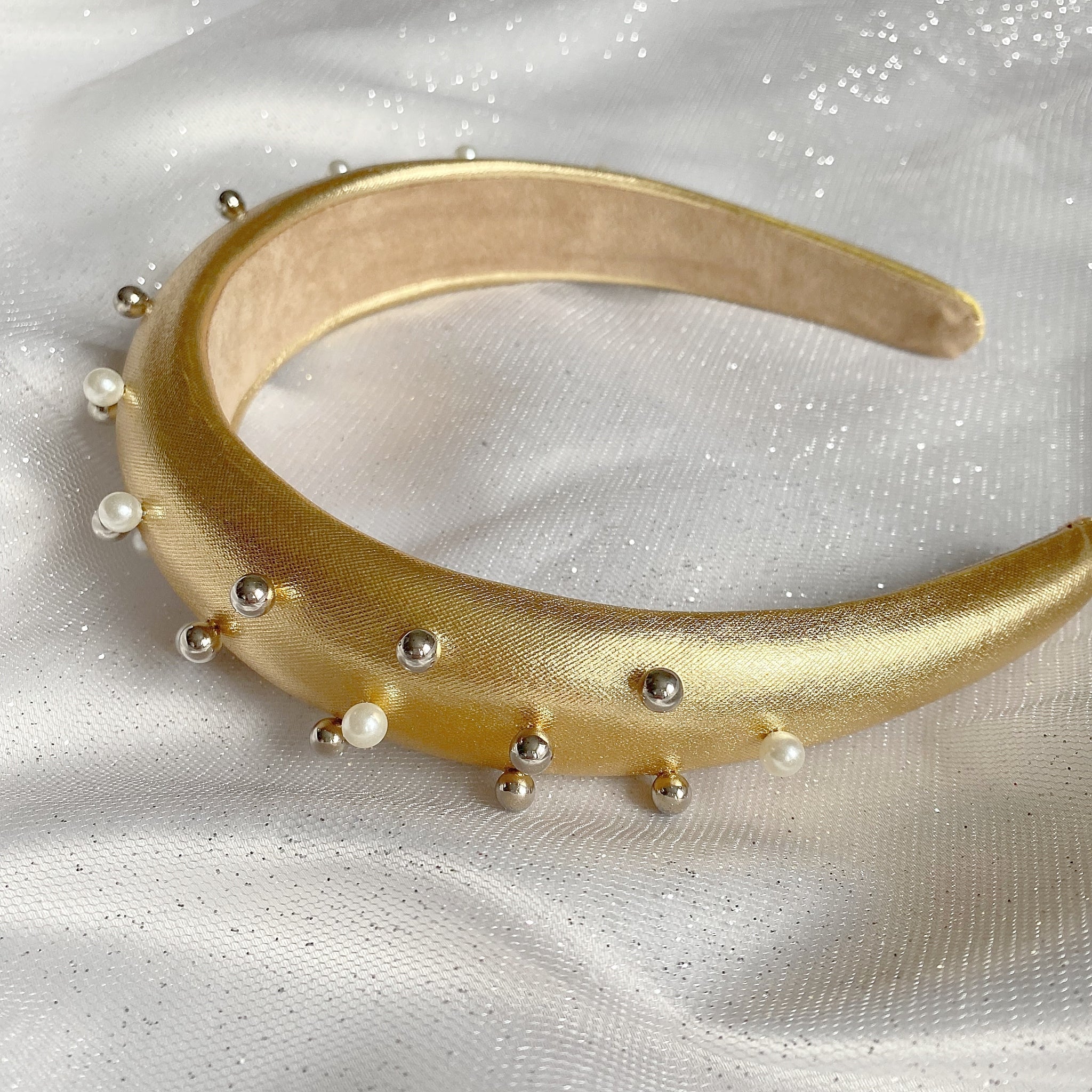 QueenMee Gold Padded Headband with Pearls