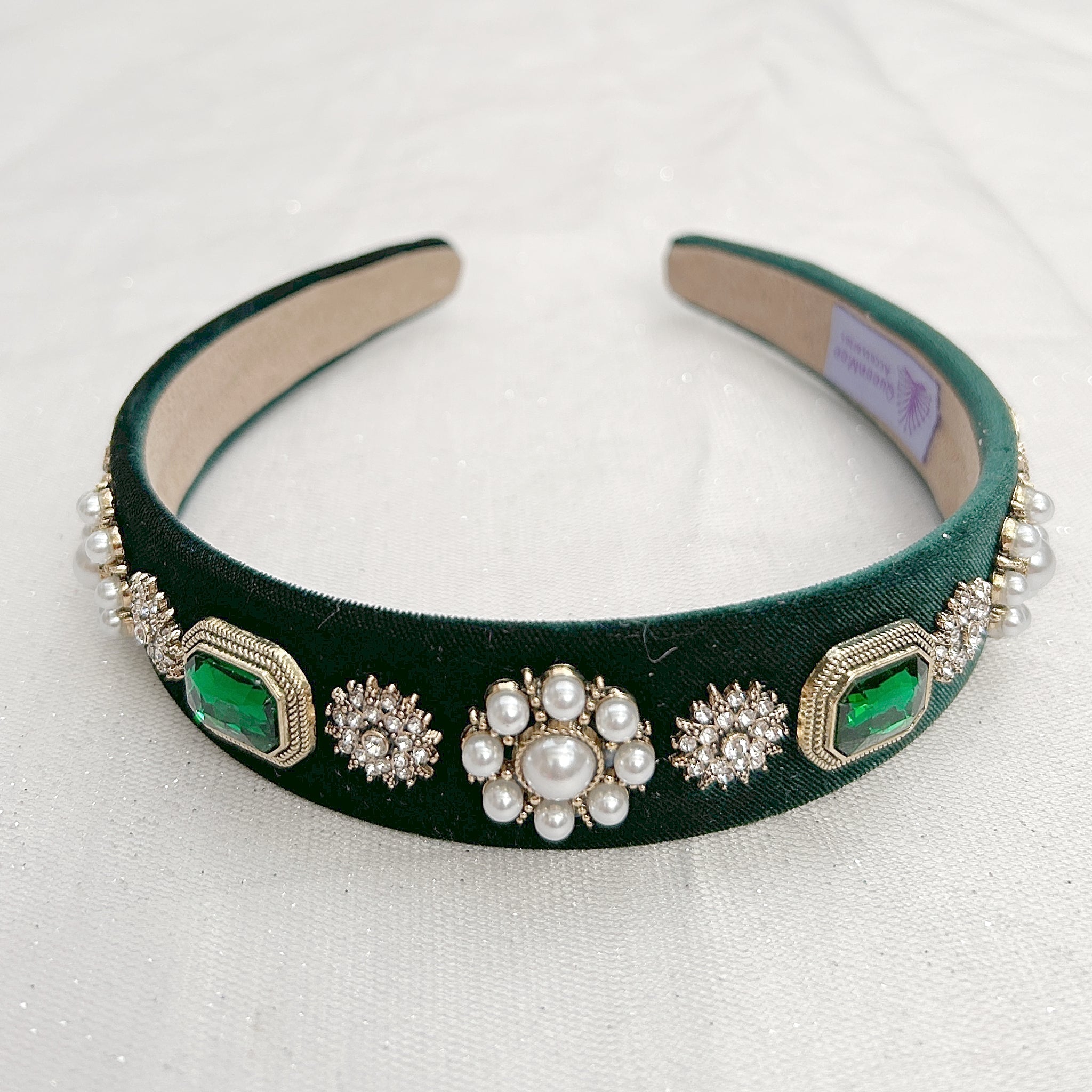 QueenMee Green Velvet Headband with Pearls Wedding Guest Hair Band