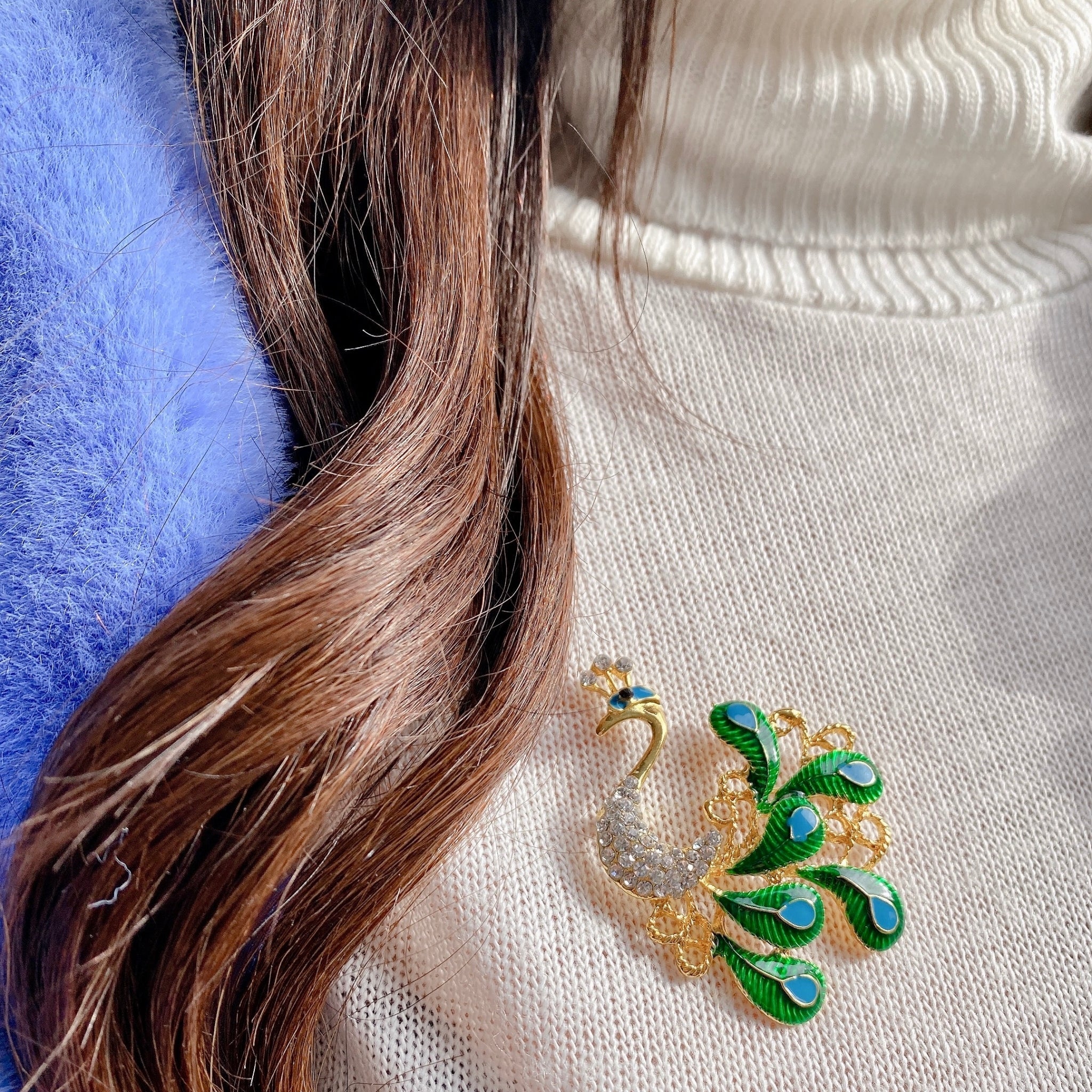 QueenMee Peacock Brooch with Enamel and Crystal