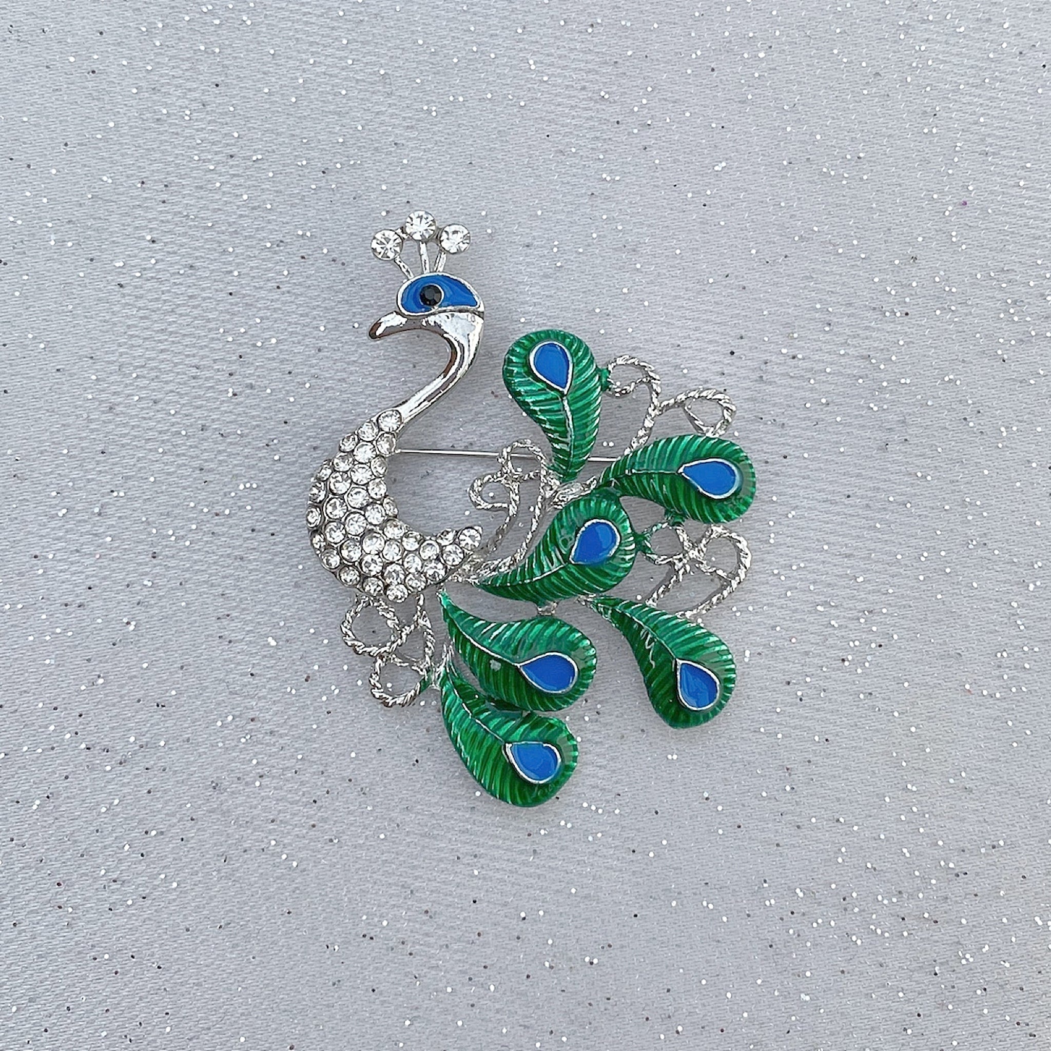 QueenMee Peacock Brooch with Enamel and Crystal