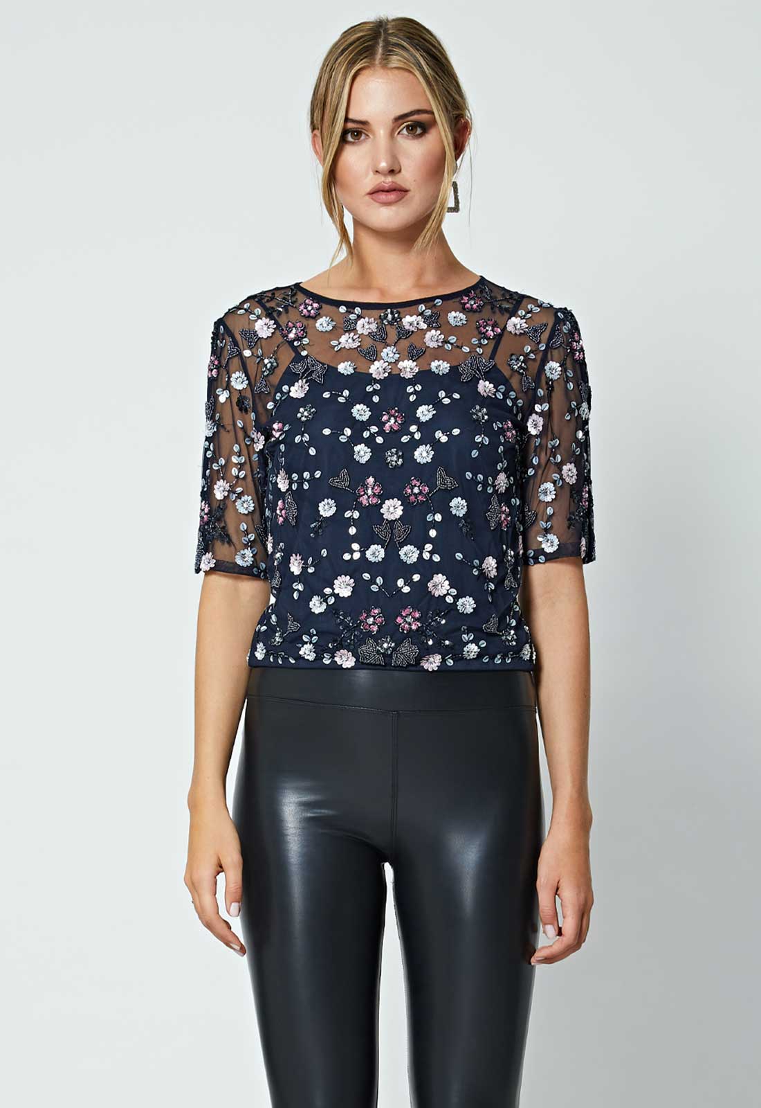 ANGELEYE Navy Sheer Floral Embellished Blouse-0