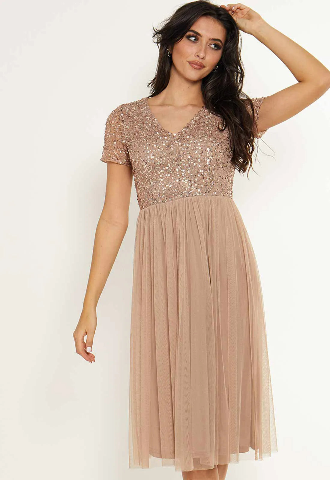 Angeleye Nude Babydoll Embellished Dress-0