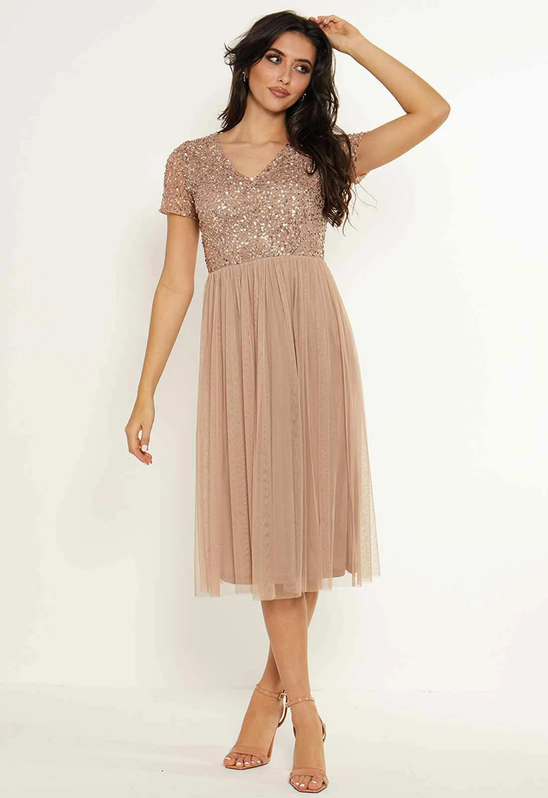 Angeleye Nude Babydoll Embellished Dress-117330