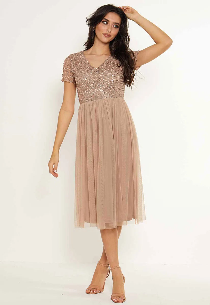 Angeleye Nude Babydoll Embellished Dress