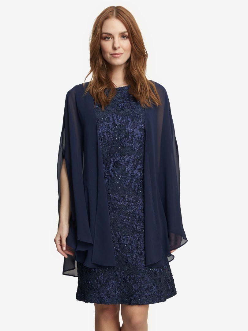 Gina Bacconi Niara Short Rosette Shift Dress With Elongated Chiffon Cascade Jacket