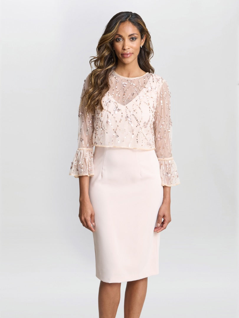 Gina Bacconi Pippa Beaded Jacket With Fluted 3/4 Sleeve And Crepe Shift Dress