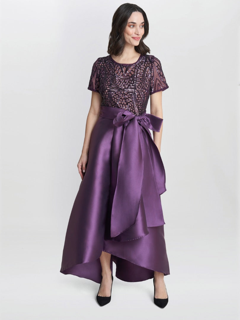 Gina Bacconi Purple Noemi Embroidered High Low Maxi Dress